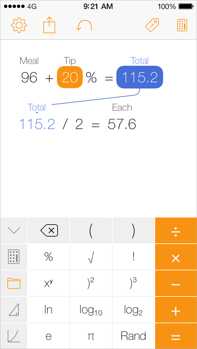 Tydlig iPhone screenshot, calculating tip